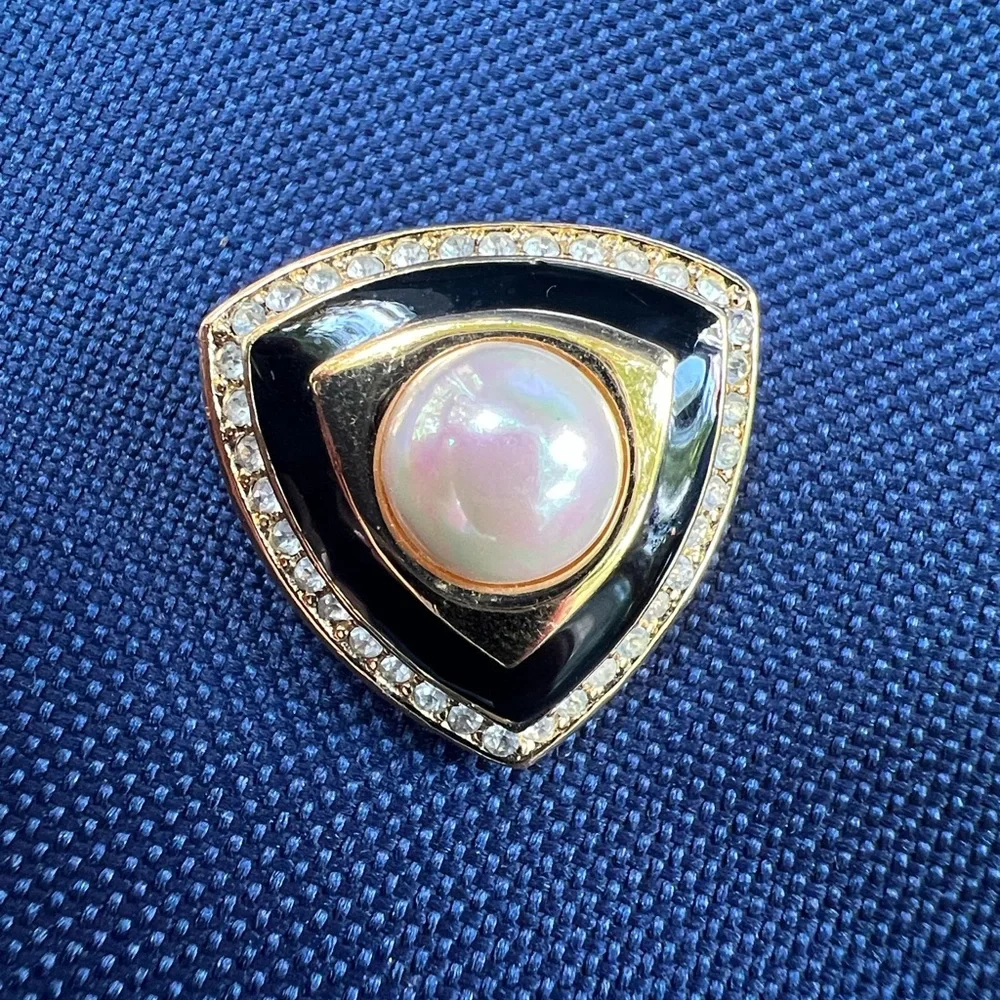 Vintage Dior Signed Black‎ Enamel, Pearl, Crystal Shield Clip on earrings